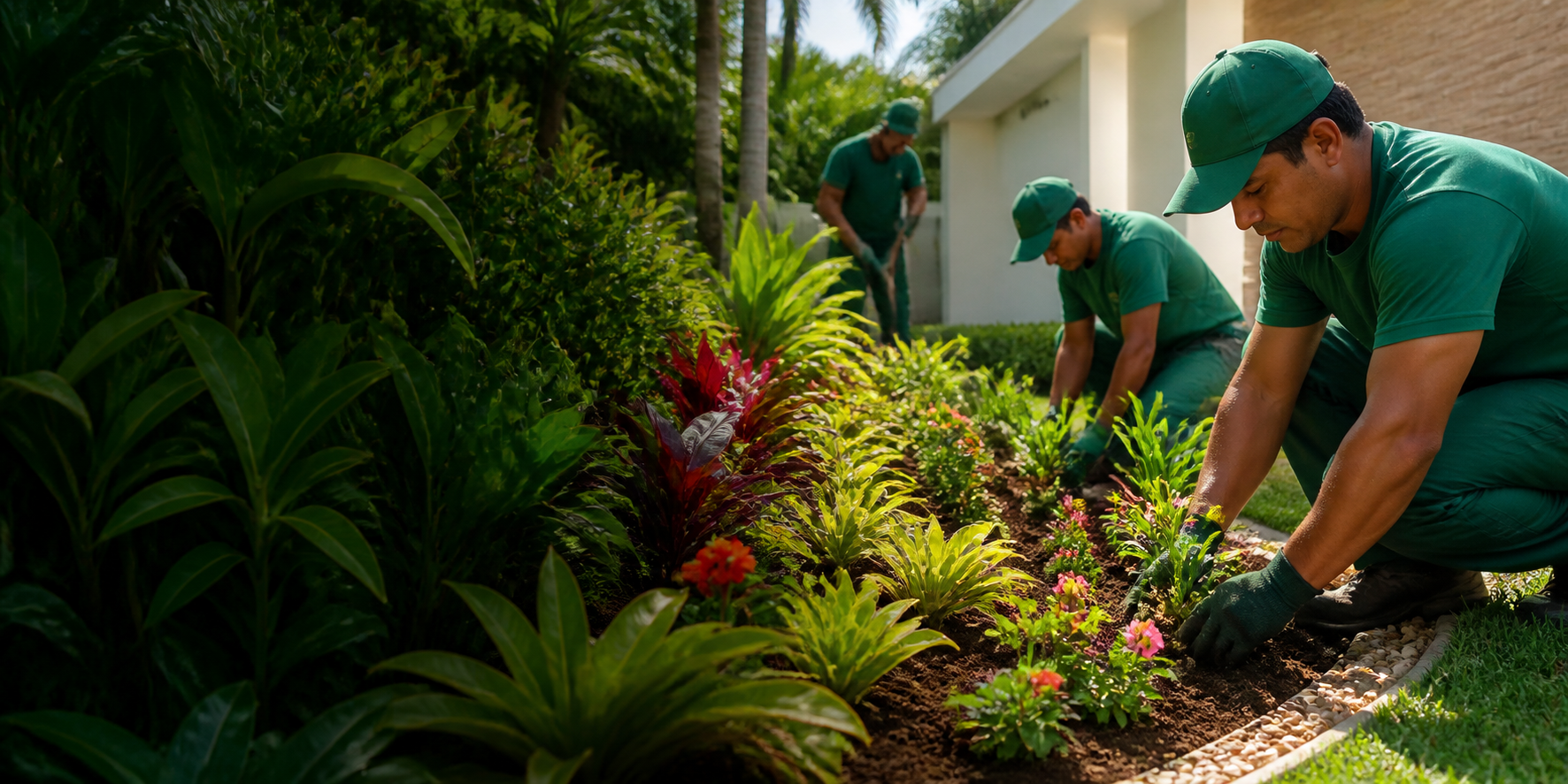 Equipe realizando plantio e paisagismo