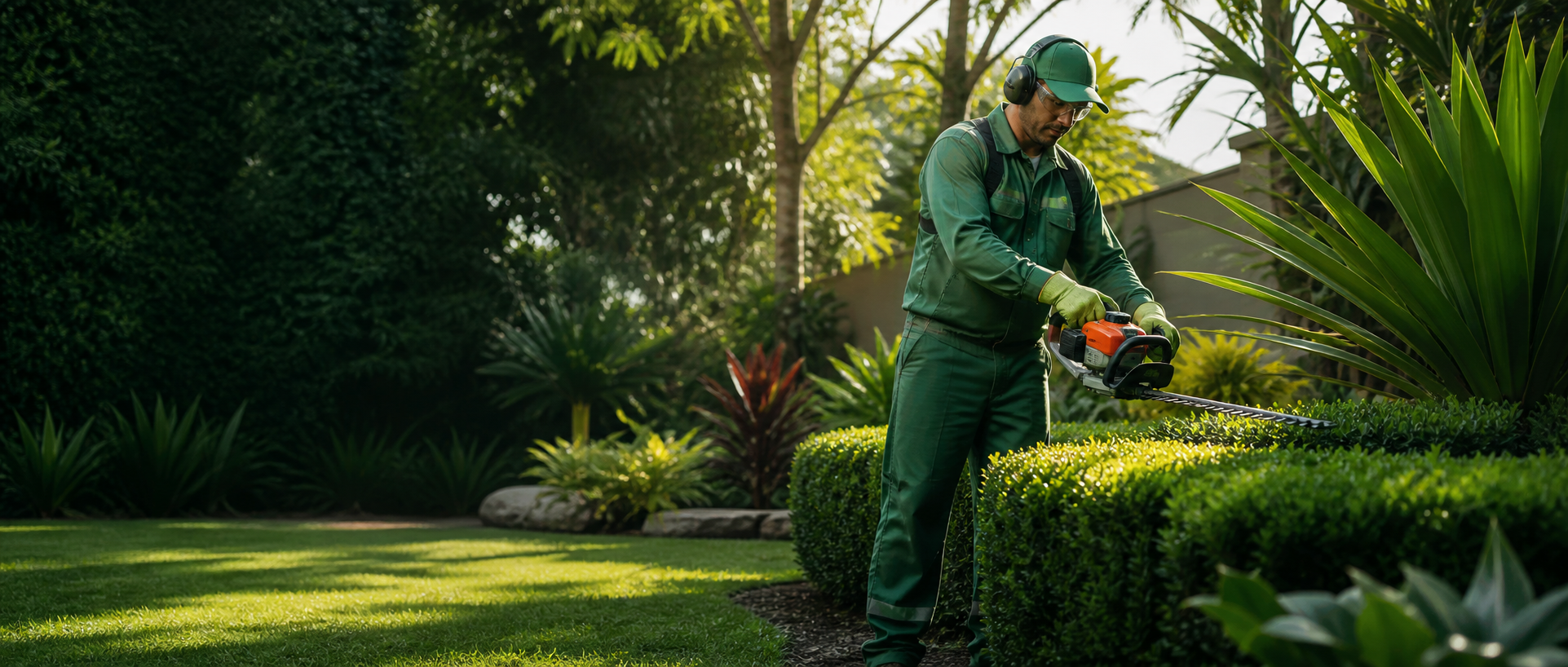 Profissional cuidando de um jardim residencial
